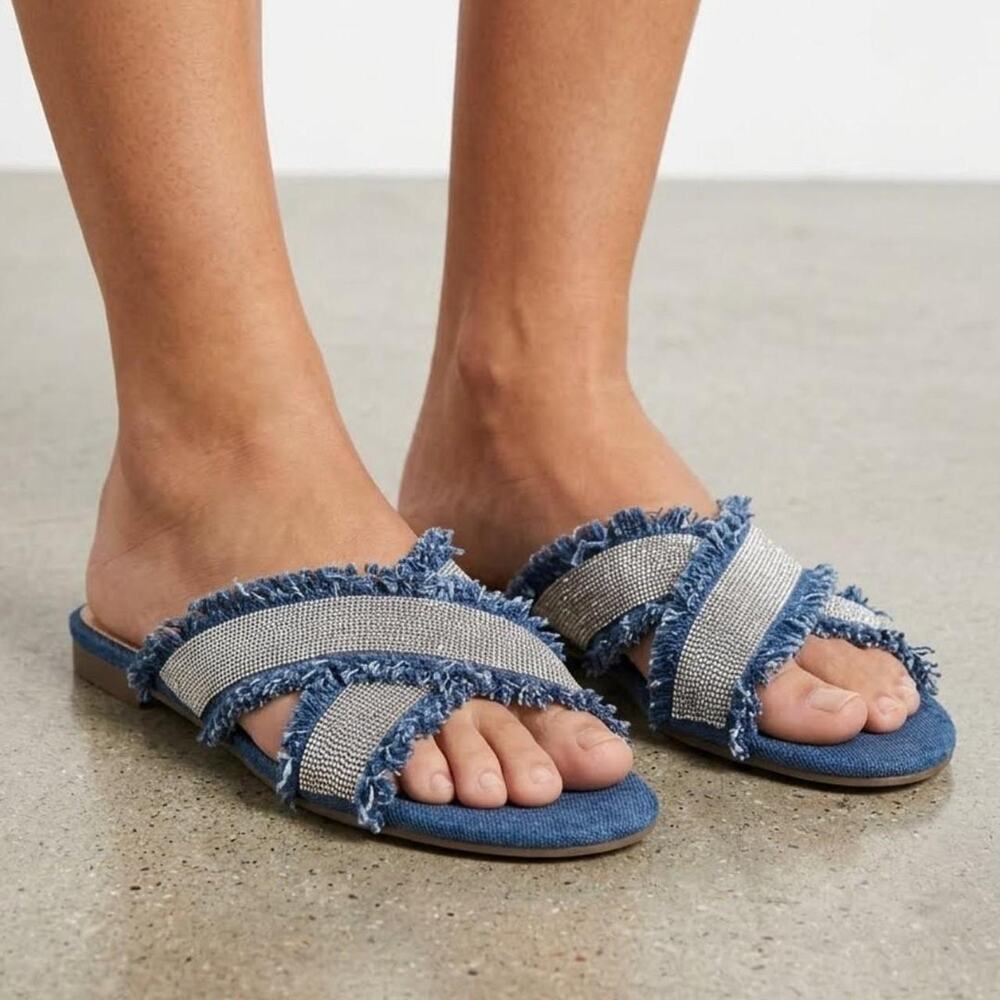 Blue denim mules with frayed